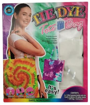 TIE DYE FASHION TOTE BAG
6x120ml Squeeze bottles with dye  
4 Pair of gloves
1Tote bag
40 Rubber bands
Instruciton