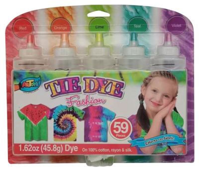 TIE DYE FASHION 5PK 
-Red,Orange,Lime,Teal,Violet
5x120ml Squeeze bottle containing dye  
4 Pair of gloves
5 Packets of dye
40 Rubber bands
1 PE table cloth 
lnstruction