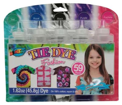 TIE DYE FASHION 5PK 
Teal,Royal Blue,Black,Purple,Fuchsia
5x120ml Squeeze bottle containing dye  4 Pair of gloves
40 Rubber bands
1 PE table cloth 
lnstruction