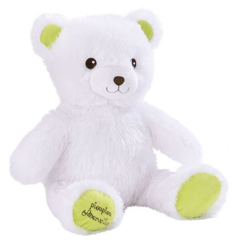 Gaston the super soft white teddy bear of 40 cm, changes color in soft pastel shades and lulls the baby to sleep with soft music.