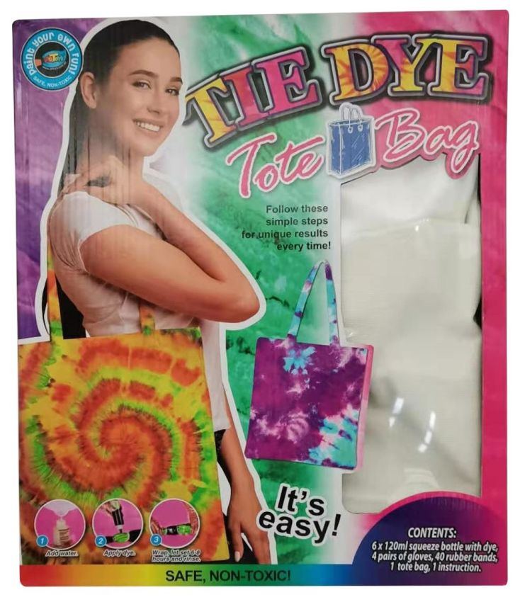 TIE DYE FASHION TOTE BAG
6x120ml Squeeze bottles with dye  
4 Pair of gloves
1Tote bag
40 Rubber bands
Instruciton